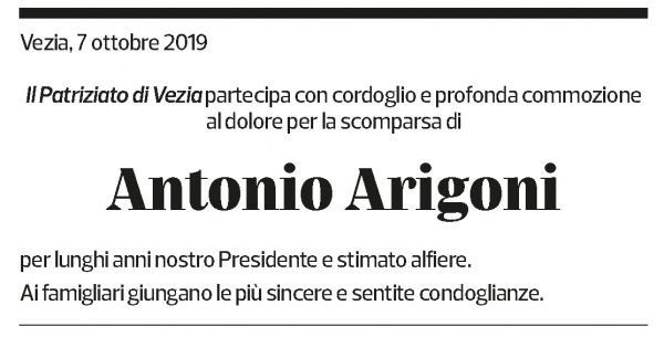 Annuncio funebre Antonio Arigoni