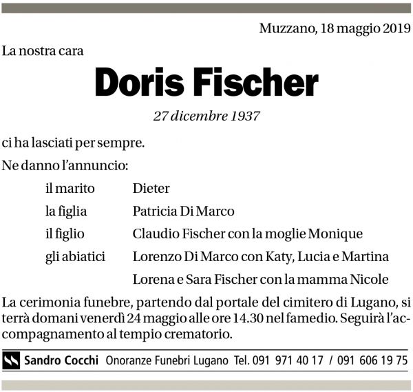 Annuncio funebre Doris Fischer