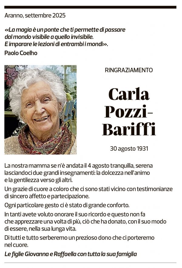 Annuncio funebre Carla Pozzi-bariffi