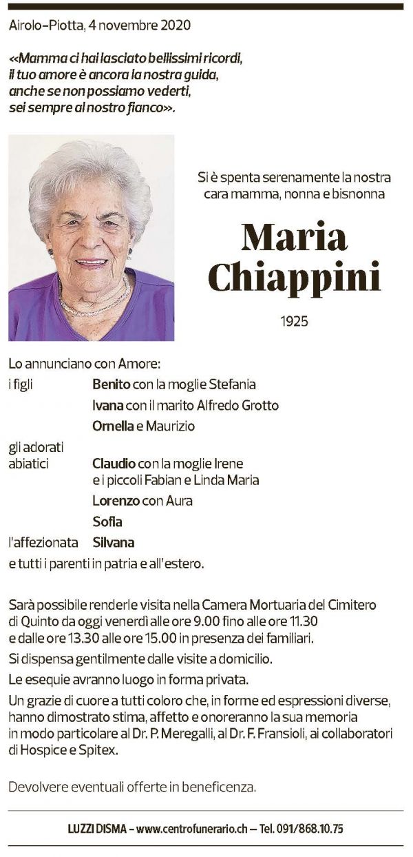 Annuncio funebre Maria Chiappini