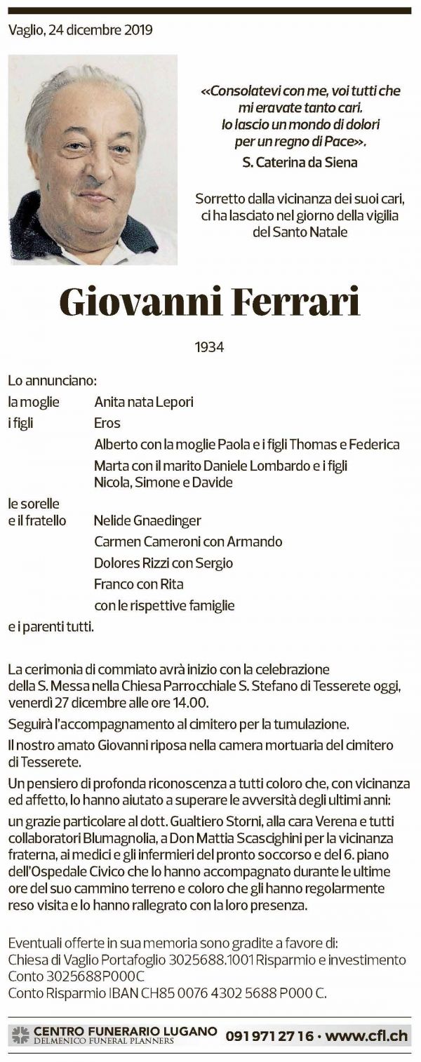 Annuncio funebre Giovanni Ferrari