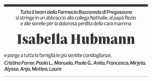 Annuncio funebre Isabella Hubmann Giollo