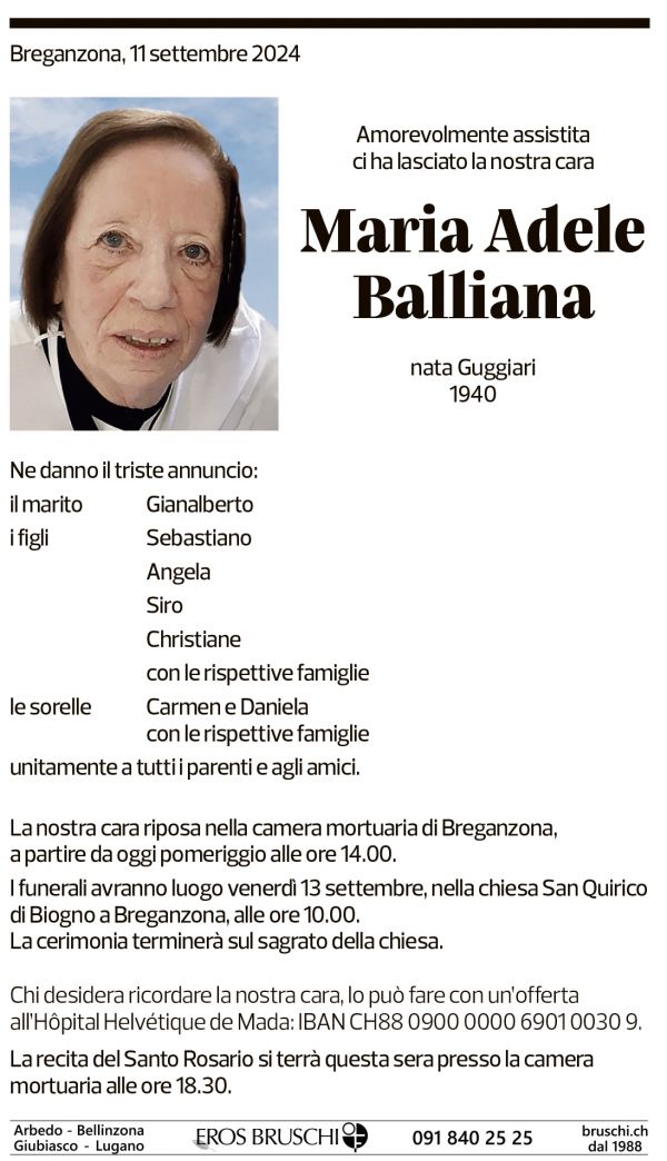 Annuncio funebre Maria Adele Balliana