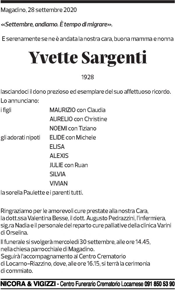 Annuncio funebre Yvette Sargenti