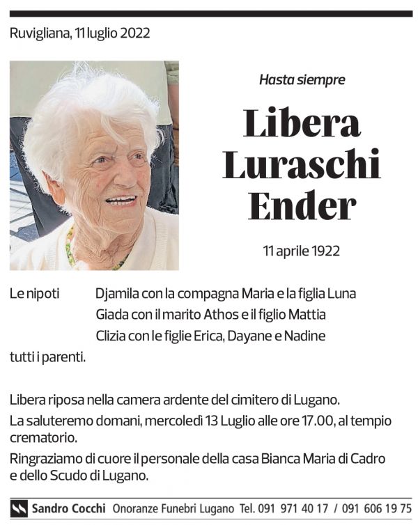 Annuncio funebre Libera Luraschi Ender