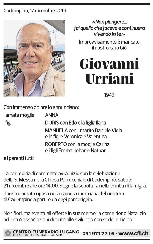 Annuncio funebre Giovanni Urriani