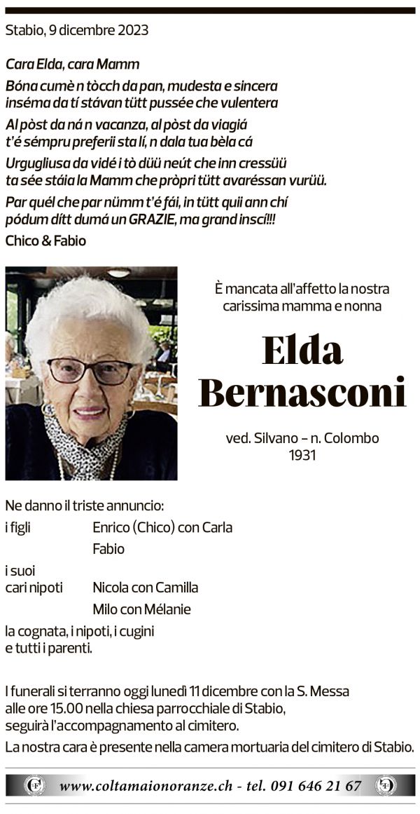 Annuncio funebre Elda Bernasconi