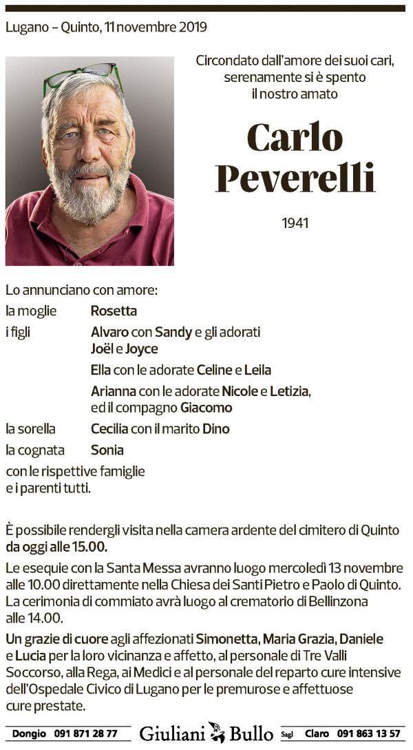 Annuncio funebre Carlo Peverelli