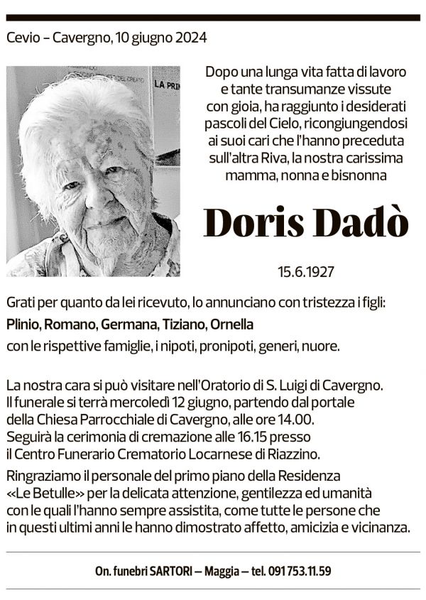 Annuncio funebre Doris Dadò