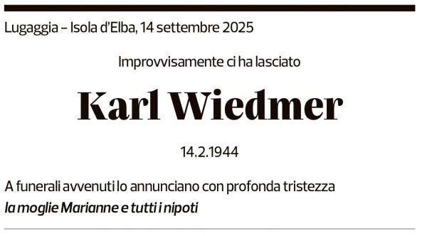 Annuncio funebre Karl Wiedmer
