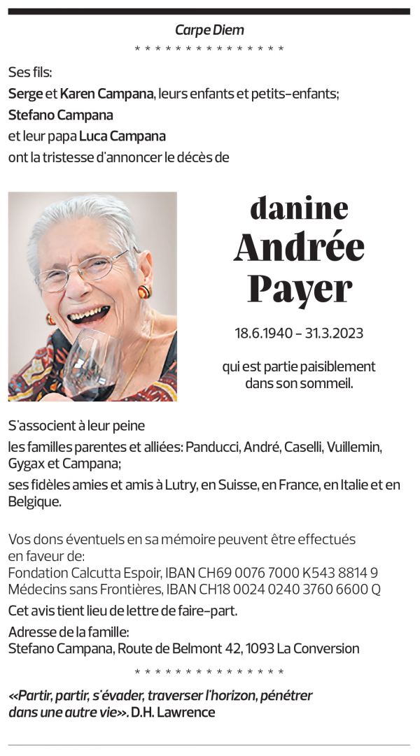 Annuncio funebre Andrée Payer