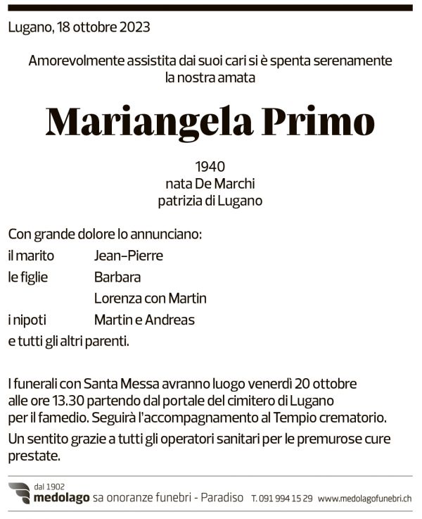 Annuncio funebre Mariangela Primo