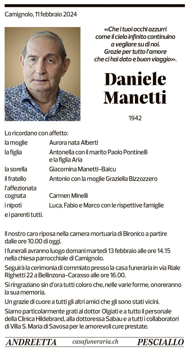 Annuncio funebre Daniele Manetti