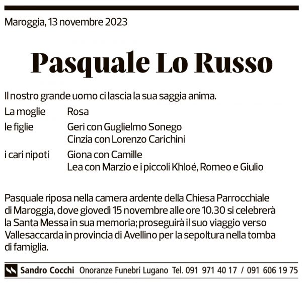 Annuncio funebre Pasquale Lo Russo