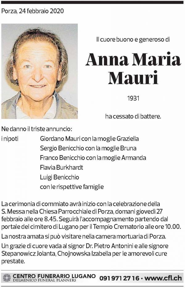 Annuncio funebre Anna Maria Mauri