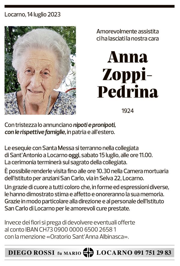 Annuncio funebre Anna Zoppi-pedrina