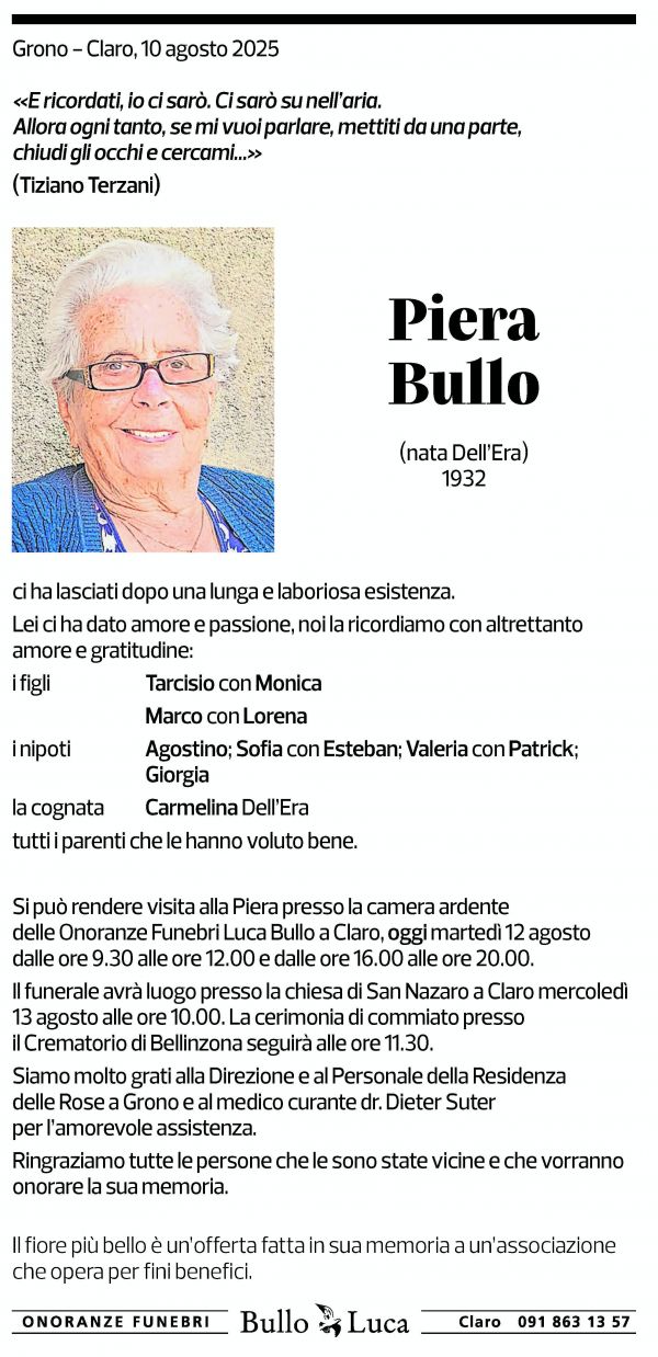 Annuncio funebre Piera Bullo