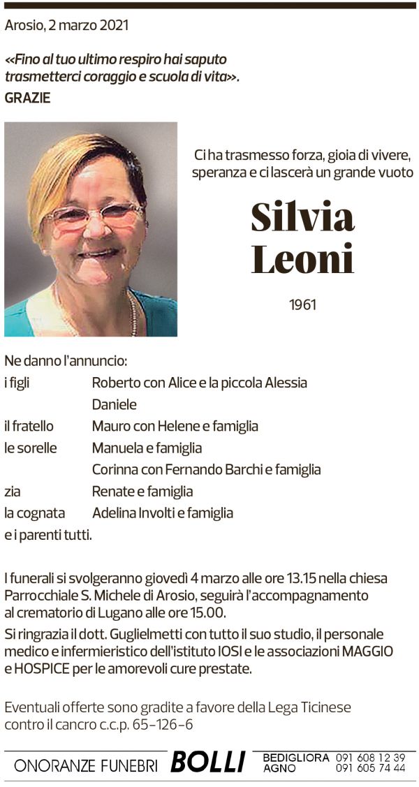 Annuncio funebre Silvia Leoni