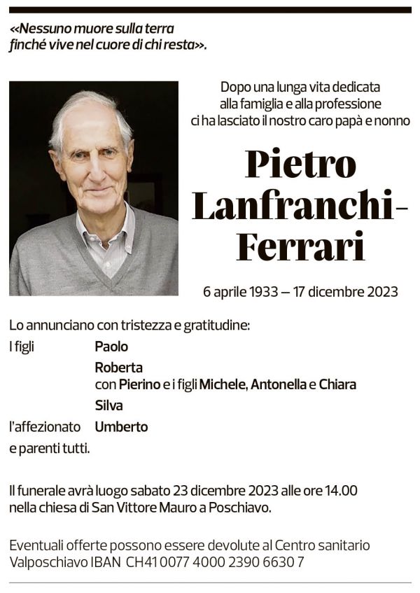 Annuncio funebre Pietro Lanfranchi-ferrari