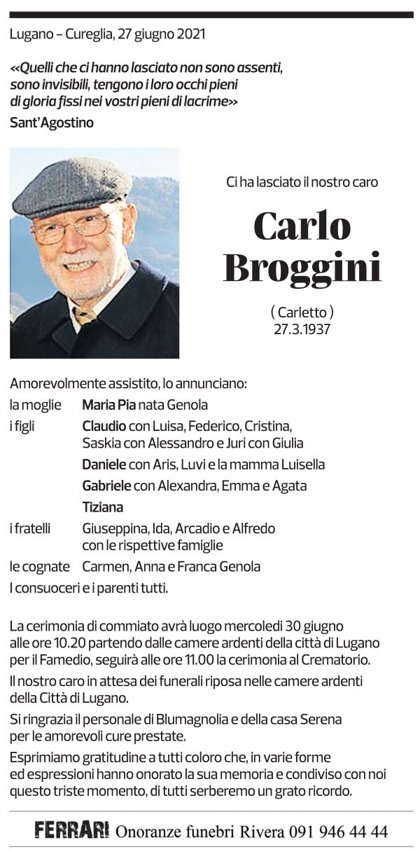 Annuncio funebre Carlo Broggini