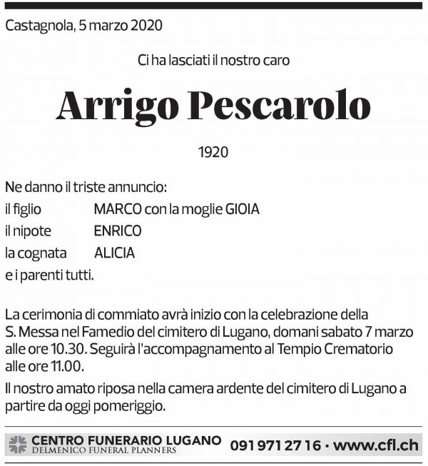 Annuncio funebre Arrigo Pescarolo