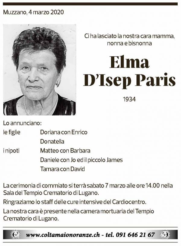 Annuncio funebre Elma D'isep Paris