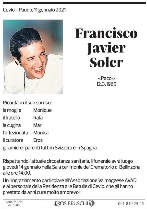 Annuncio funebre Francisco Javier Soler