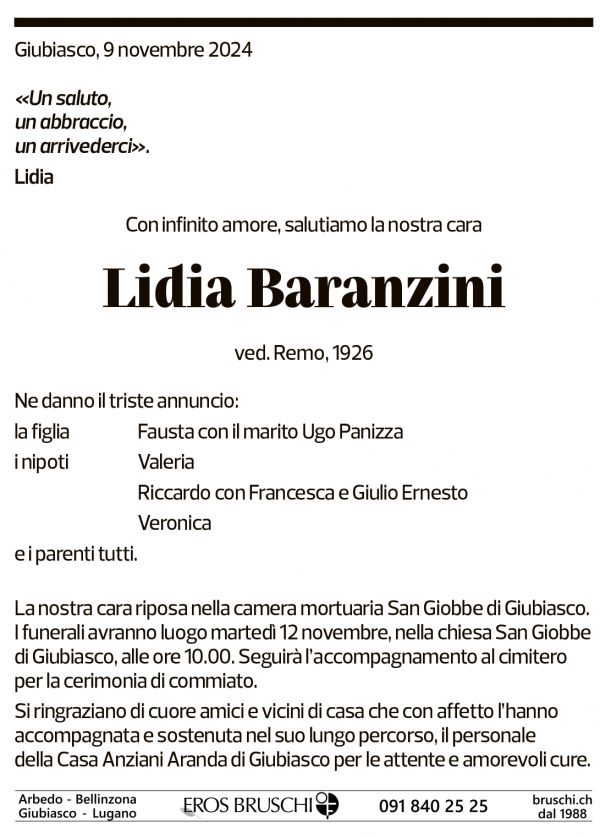 Annuncio funebre Lidia Baranzini