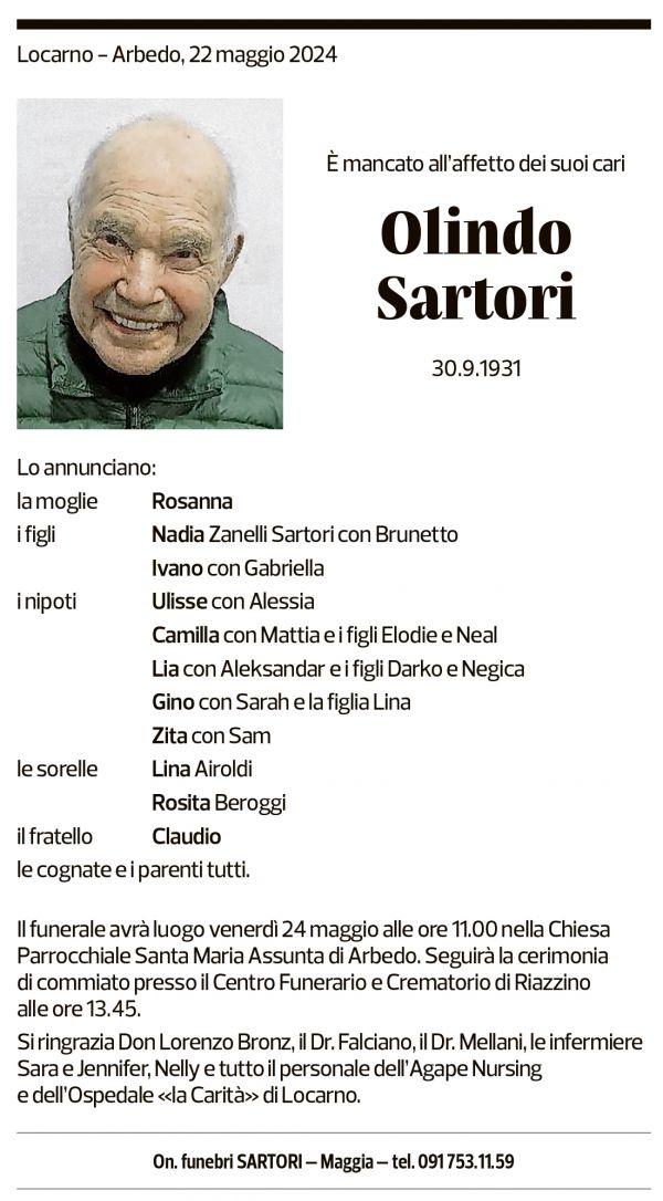 Annuncio funebre Olindo Sartori