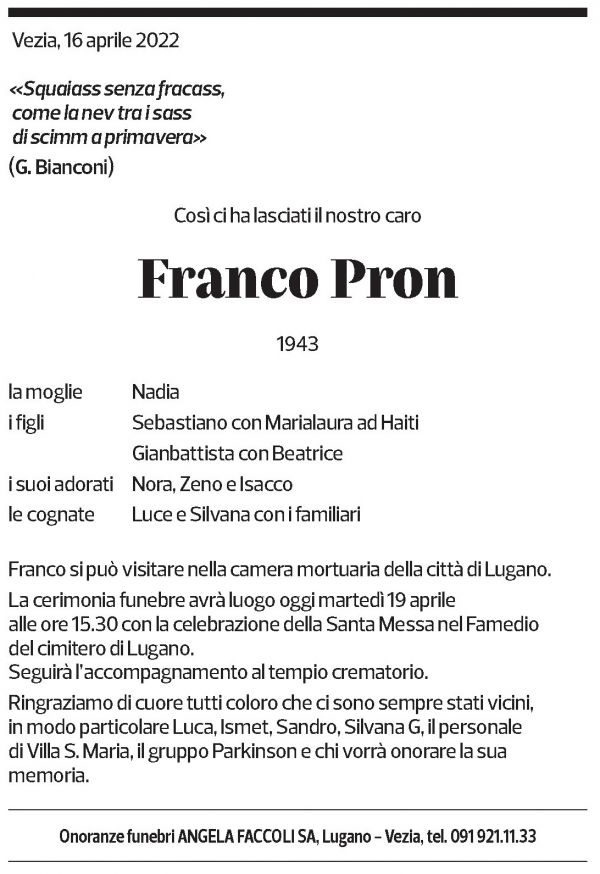 Annuncio funebre Franco Pron