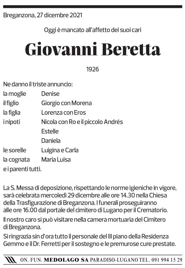 Annuncio funebre Giovanni Beretta