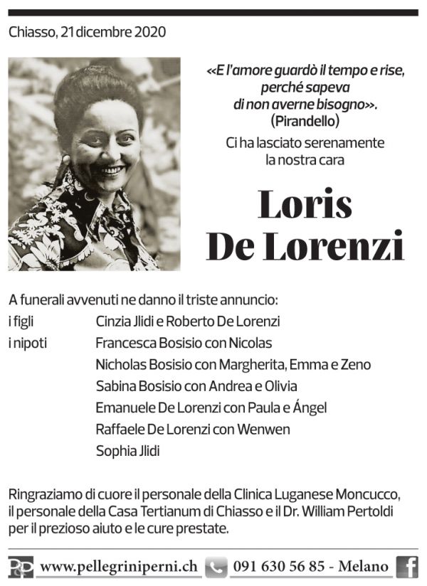 Annuncio funebre Loris De Lorenzi
