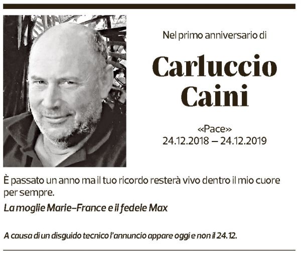 Annuncio funebre Carluccio Caini