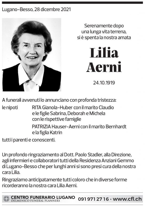 Annuncio funebre Lilia Aerni