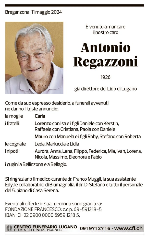 Annuncio funebre Antonio Regazzoni