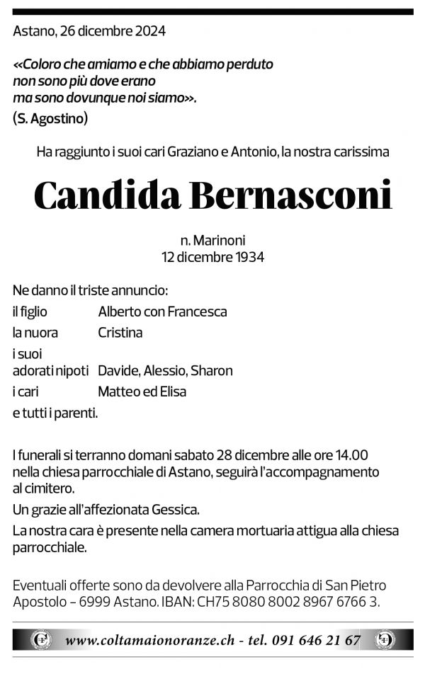 Annuncio funebre Candida Bernasconi