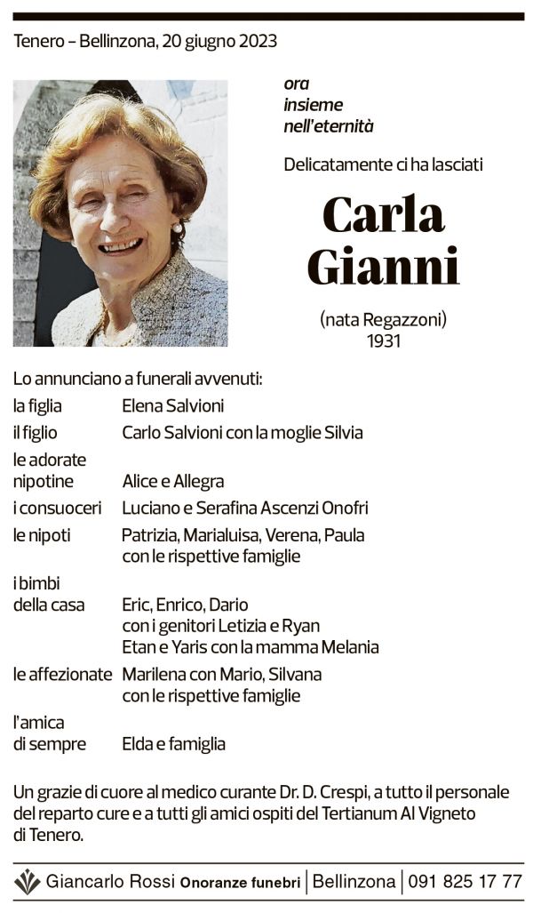 Annuncio funebre Carla Gianni