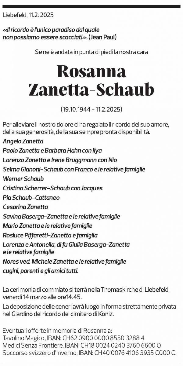 Annuncio funebre Rosanna Zanetta-schaub