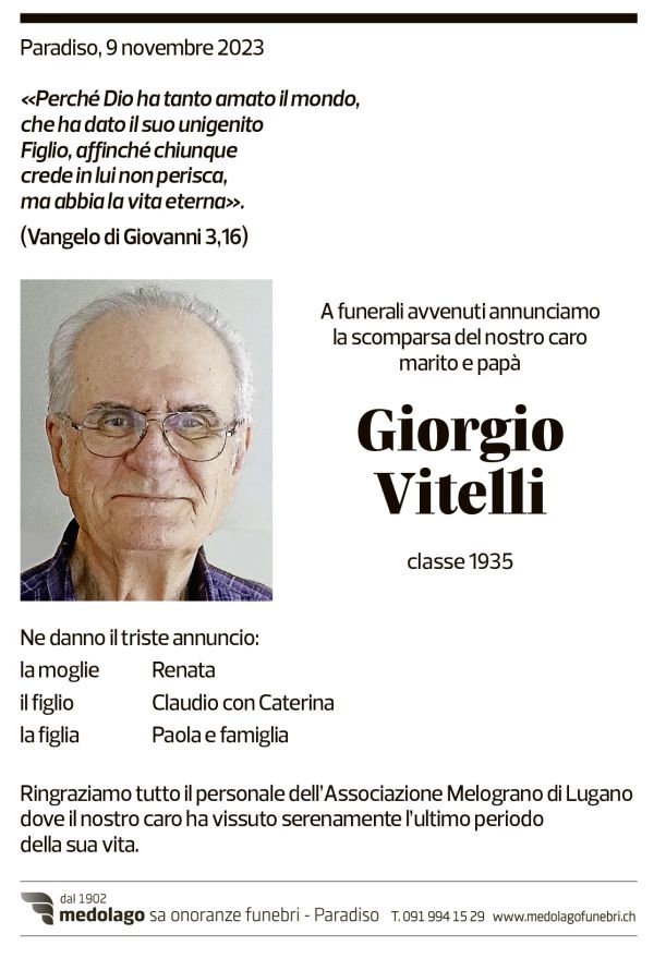 Annuncio funebre Giorgio Vitelli