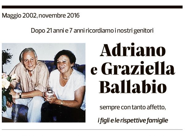 Annuncio funebre Adriano Ballabio Graziella Ballabio