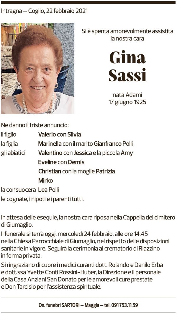 Annuncio funebre Gina Sassi