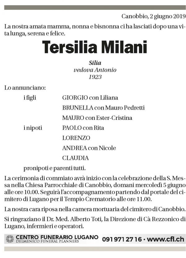 Annuncio funebre Tersilia Milani