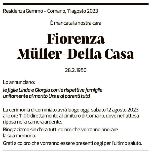 Annuncio funebre Fiorenza Müller-della Casa