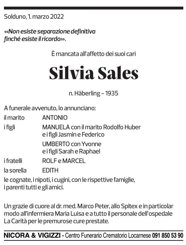 Annuncio funebre Silvia Sales