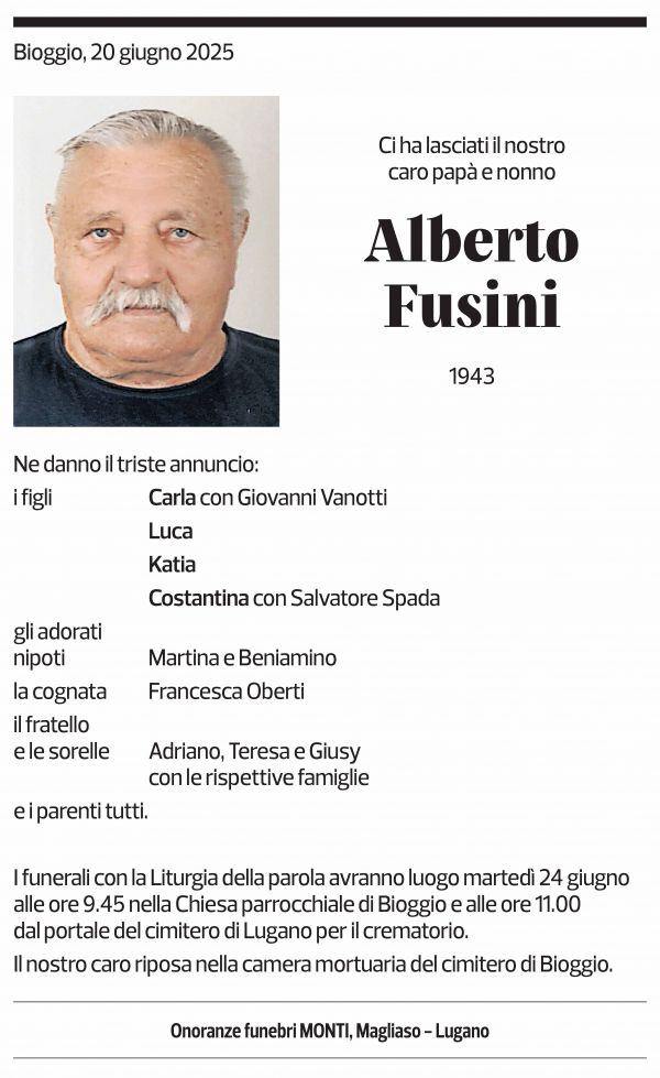 Annuncio funebre Alberto Fusini