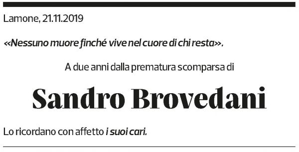 Annuncio funebre Sandro Brovedani