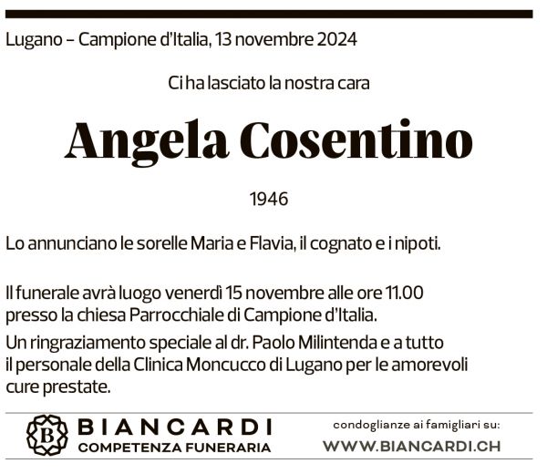 Annuncio funebre Angela Cosentino