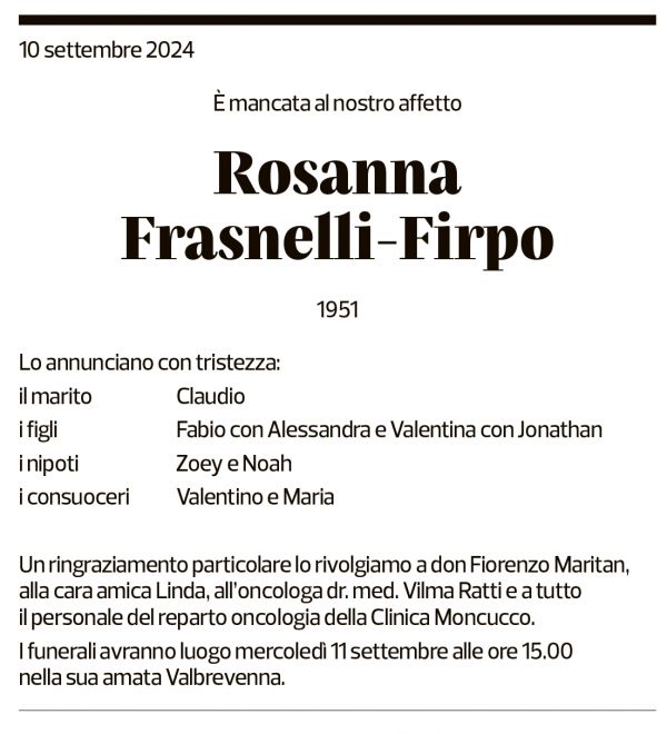 Annuncio funebre Rosanna Frasnelli-firpo