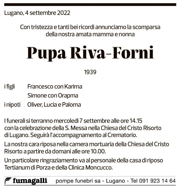 Annuncio funebre Pupa Riva-forni