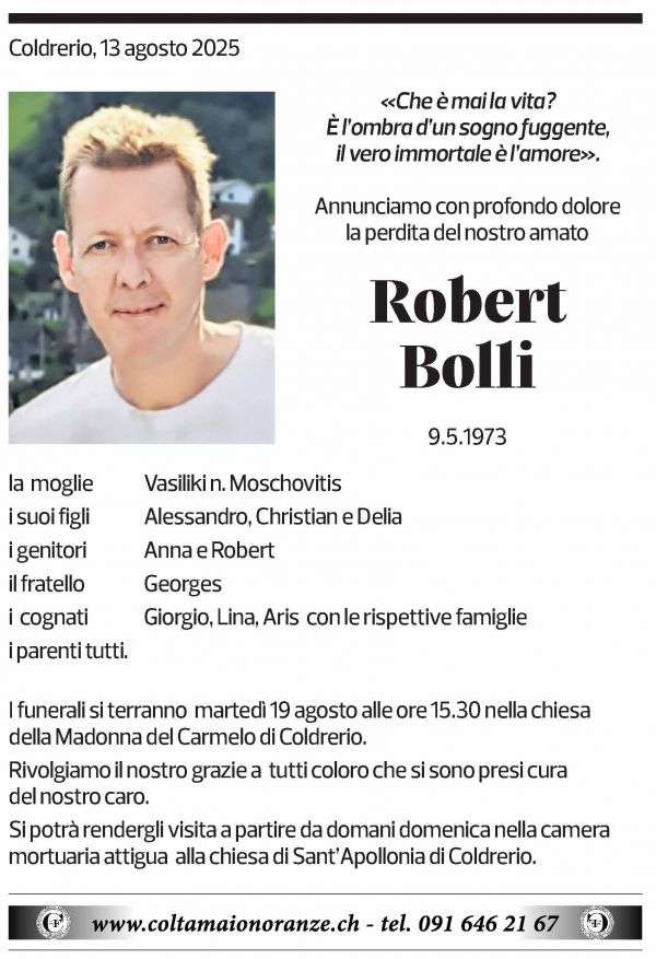 Annuncio funebre Robert Bolli